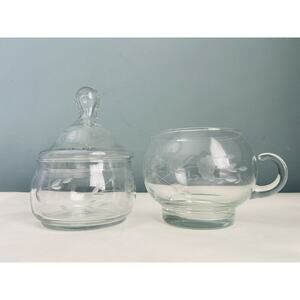 Princess House Heritage Creamer & Sugar Set Lid Vintage Etched Glass Floral